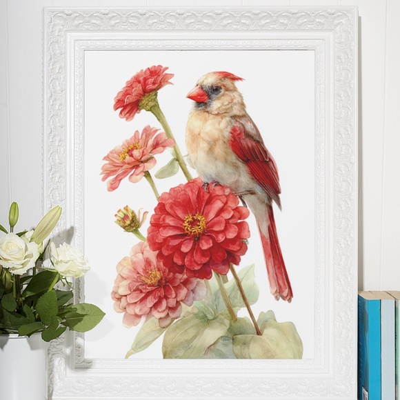 Watercolor Female Cardinal Bird with Zinnia Flowers Wall Art Print Unframed - Picture 6 of 6